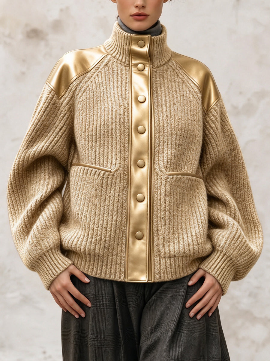 Chic Knit Jacket With Metallic Faux-leather Panels