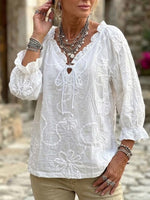 Chic And Elegant Linen-cotton V-neck Top With Ruffles And 3d Floral Embossing