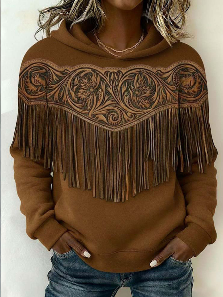 Western Tooled Fringe Hooded Sweatshirt