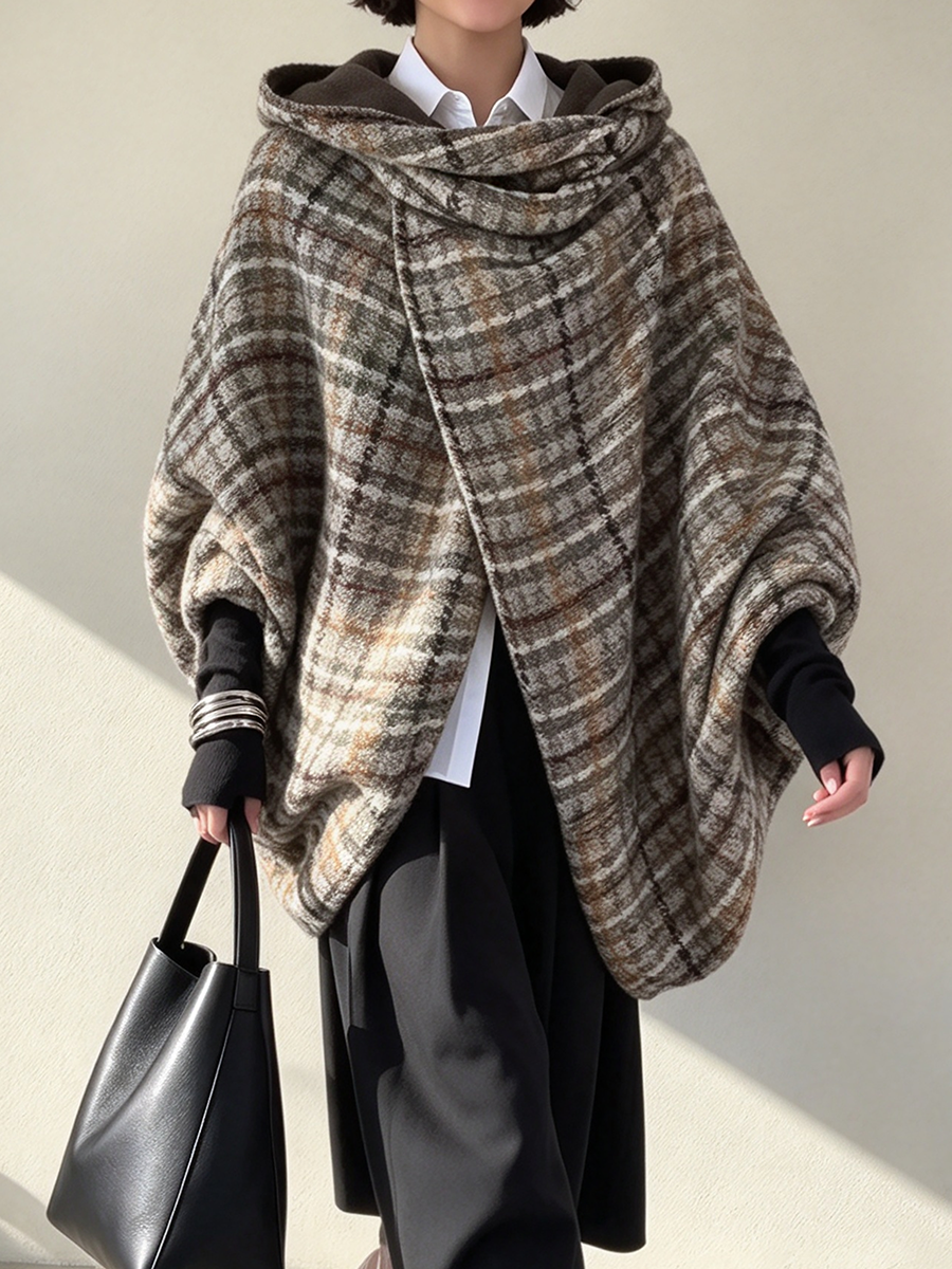 Oversized Asymmetrical Plaid Wool-blend Hooded Cape Coat