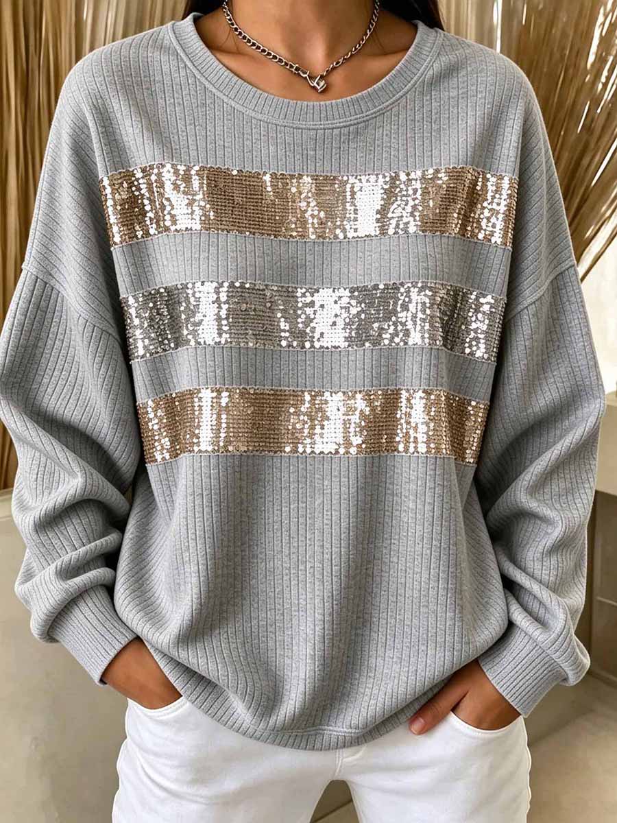 Women's Casual Crewneck Ribbed Top With Sequin Stripes