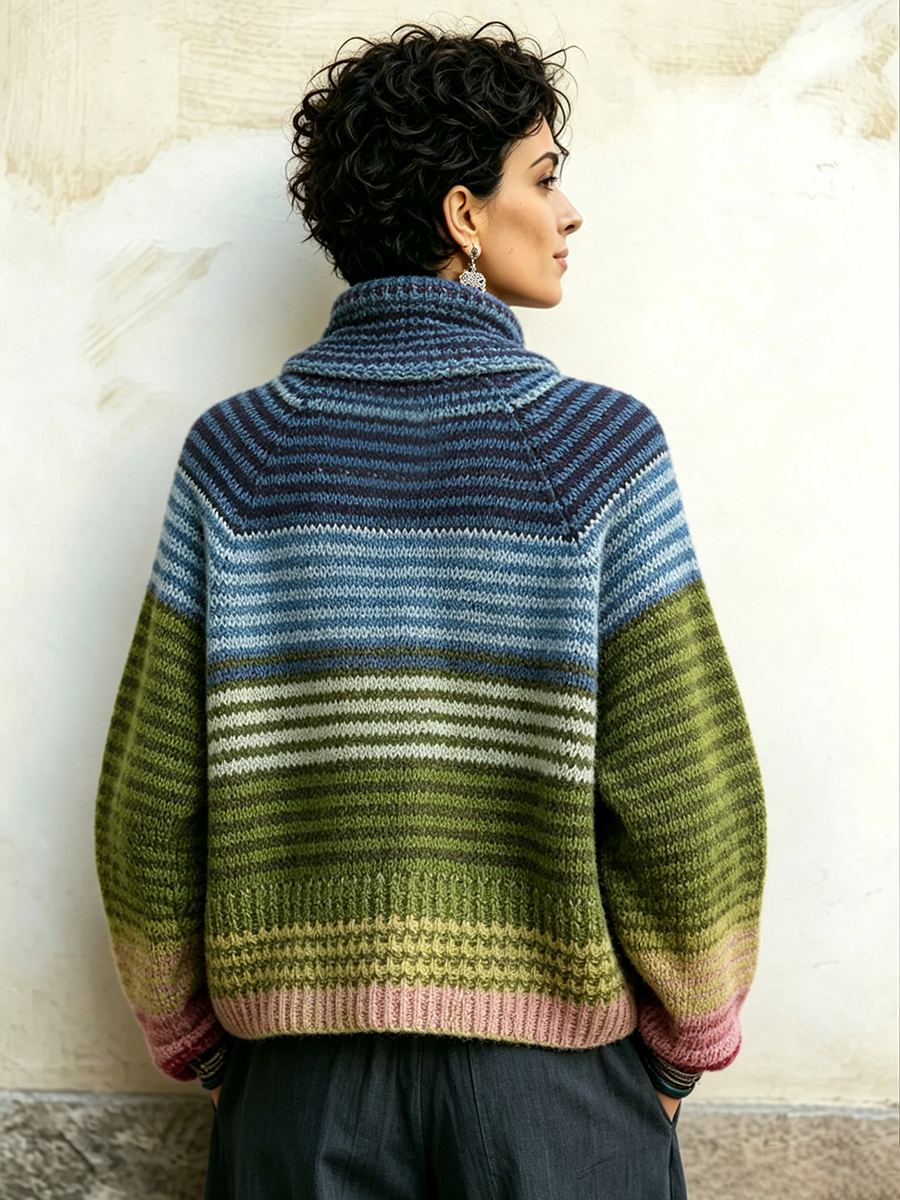 Cozy Gradient Striped Turtleneck Knit Sweater