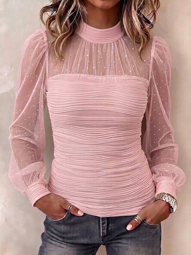 Chic Sheer Glitter Mesh High-neck Long-sleeve Top