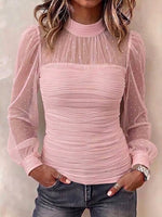 Chic Sheer Glitter Mesh High-neck Long-sleeve Top