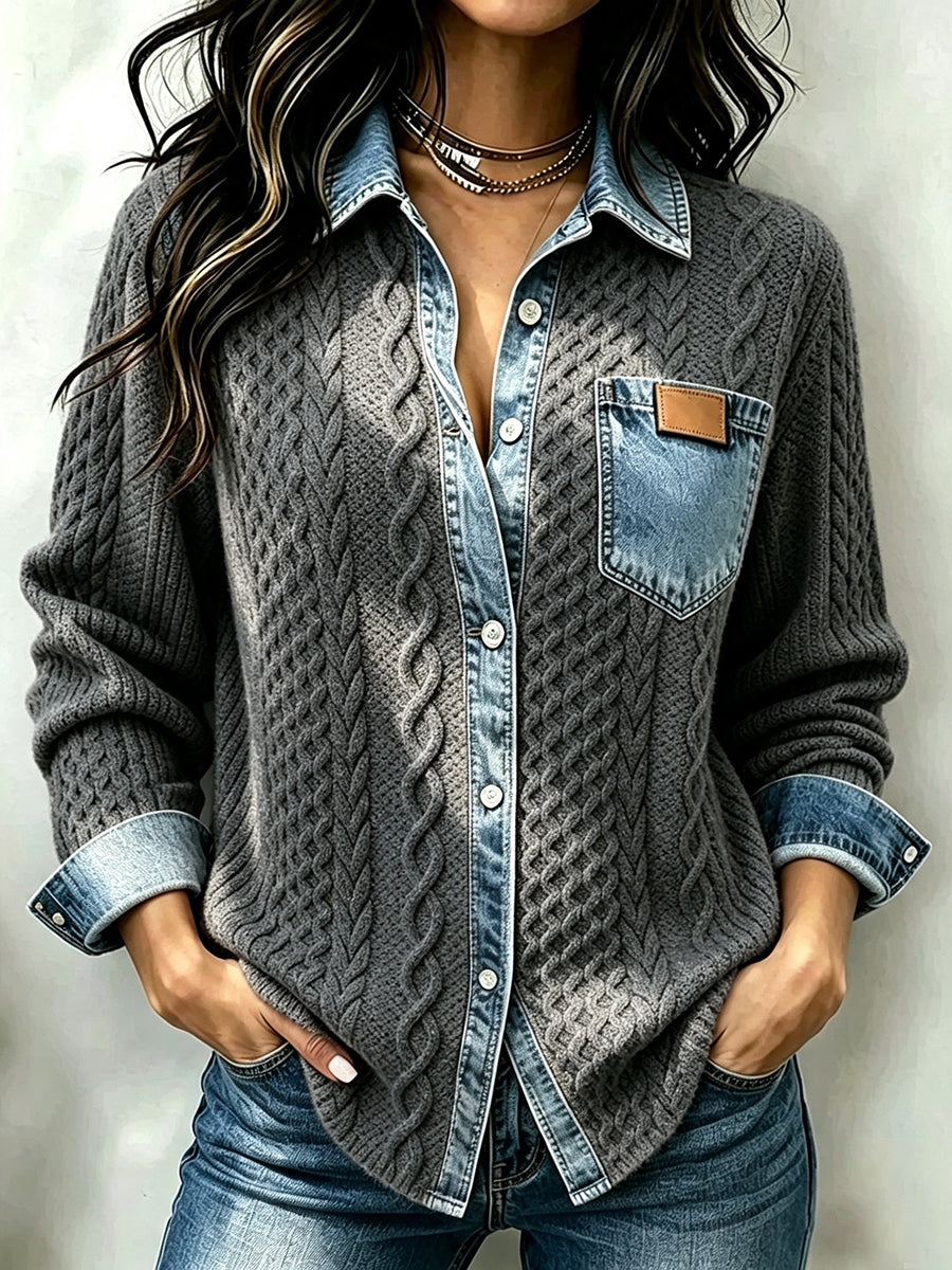 Casual Denim-Paneled Cable-Knit Shirt Jacket