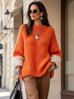 Vibrant Orange Contrast Speckled Cuffs Chic Oversized Knit Sweater