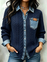 Casual Denim-Paneled Cable-Knit Shirt Jacket