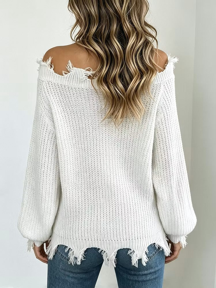 Exquisite Off-shoulder Cut-out Knit Top With Raw Edges
