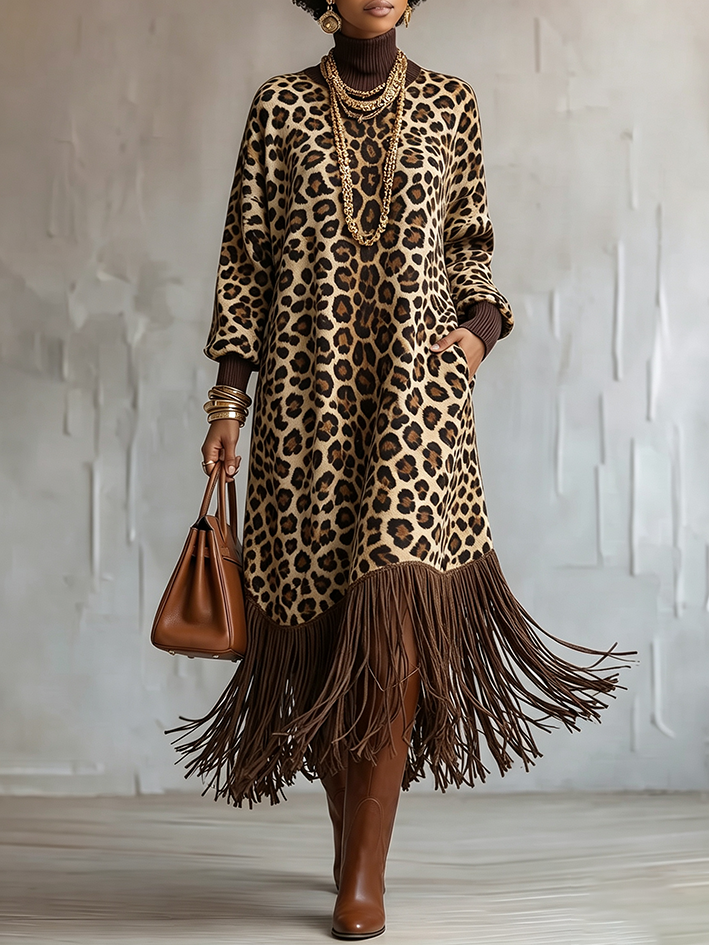 Boho Chic Wild Leopard Fringe Dress