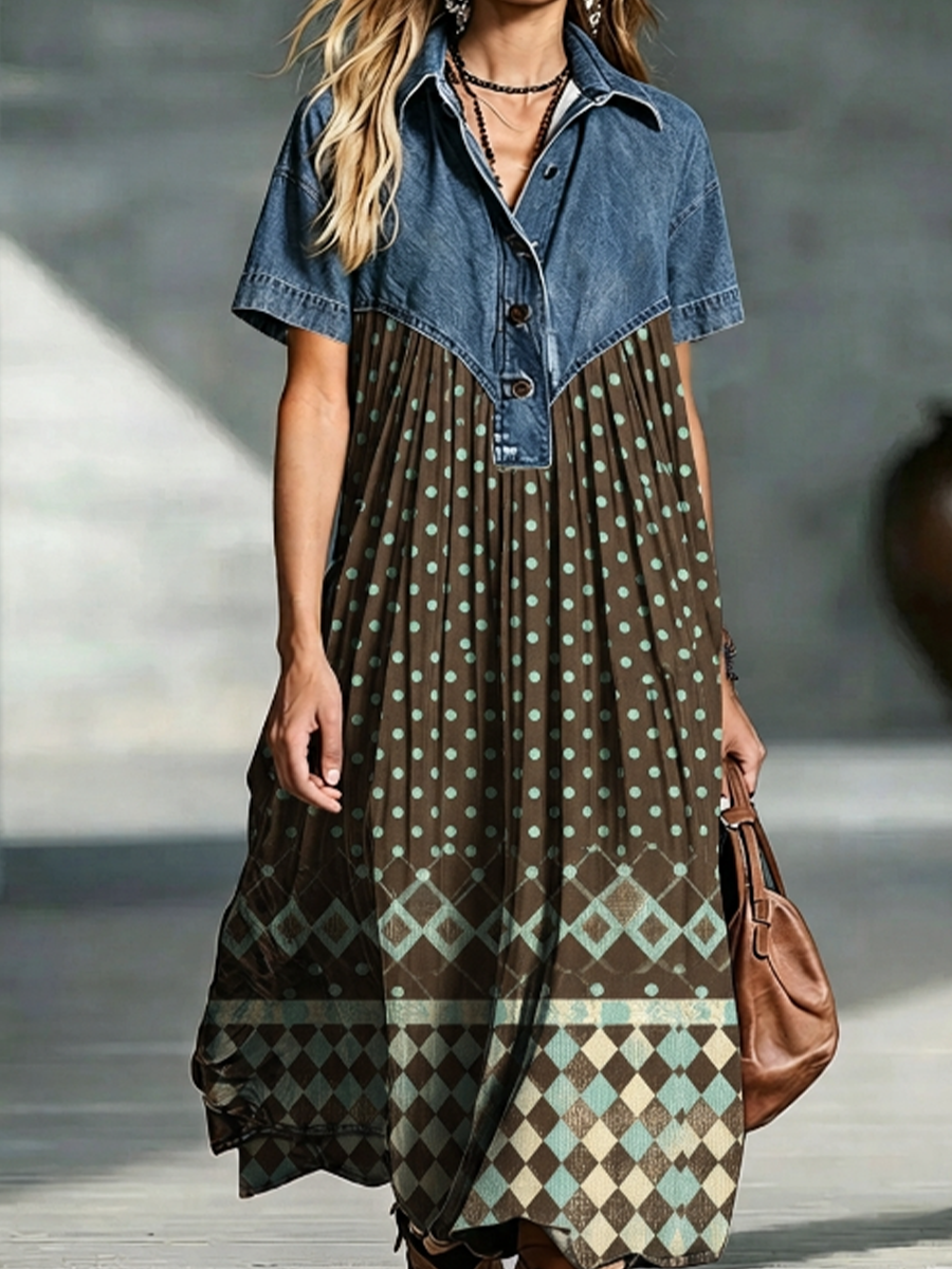 Denim Spliced Polka Dot Argyle Print Shirt Midi Dress