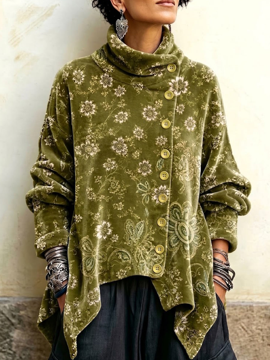Vintage Floral Velvet High-neck Top With Asymmetric Front Button Closure