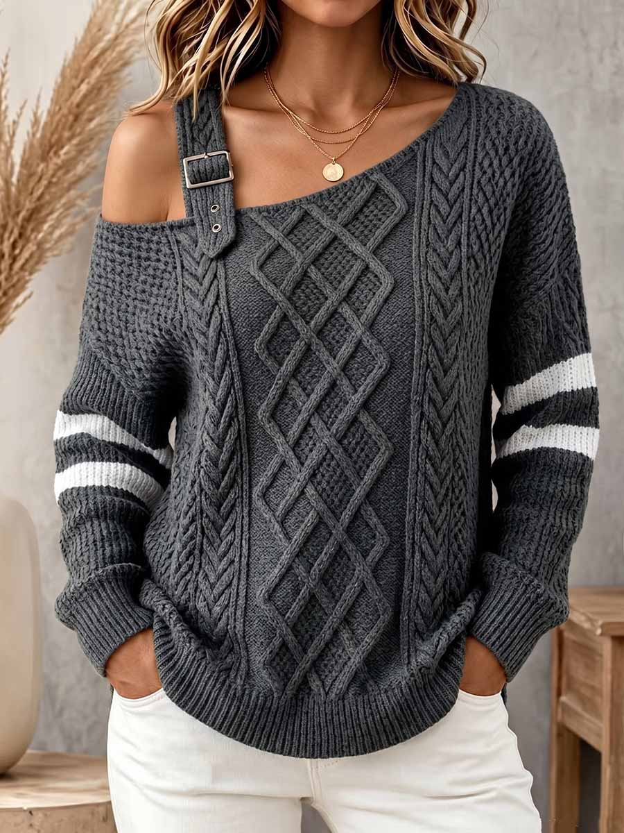 Women's Asymmetric Off-shoulder Long-sleeve Casual Loose Knit Pullover