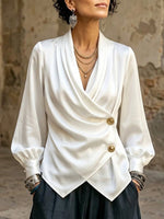 Satin Wrap V-neck Lantern Sleeve Blouse