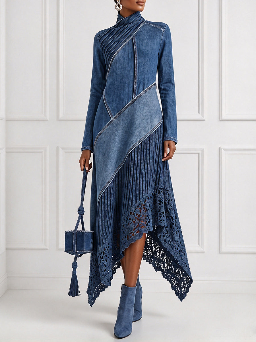 Asymmetric Pleated Patchwork Denim Maxi Dress