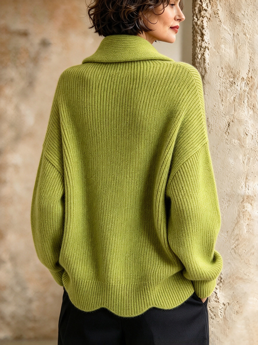 Chic Shawl Collar Sweater With Wavy Hem