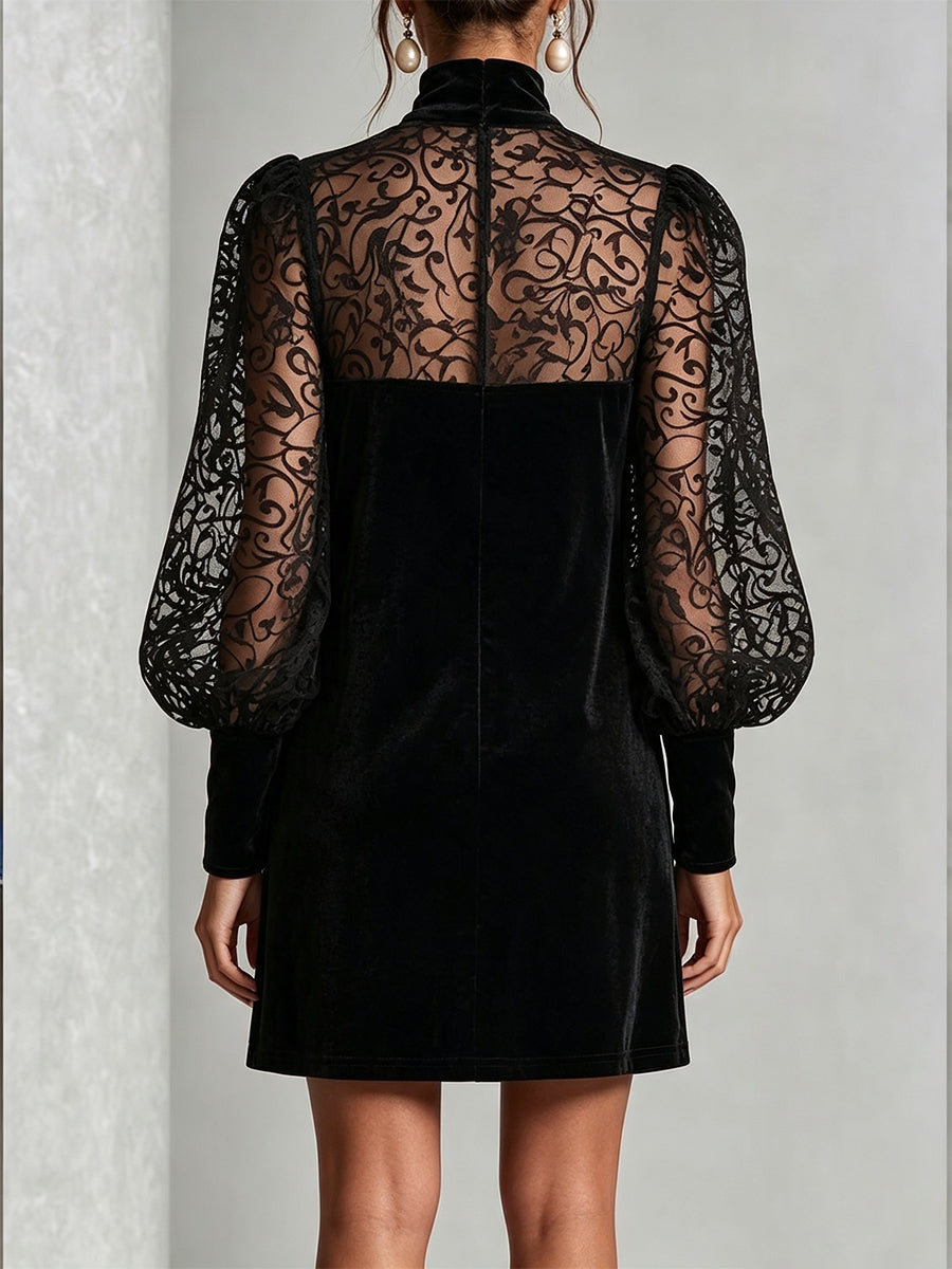 Elegant Velvet & Sheer Lace Mock Neck Dress