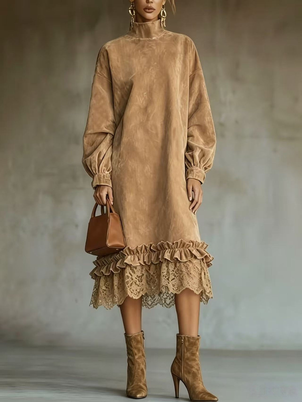 Chic And Elegant Midi Dress Featuring Faux Suede Paneling And A Lace Hem.