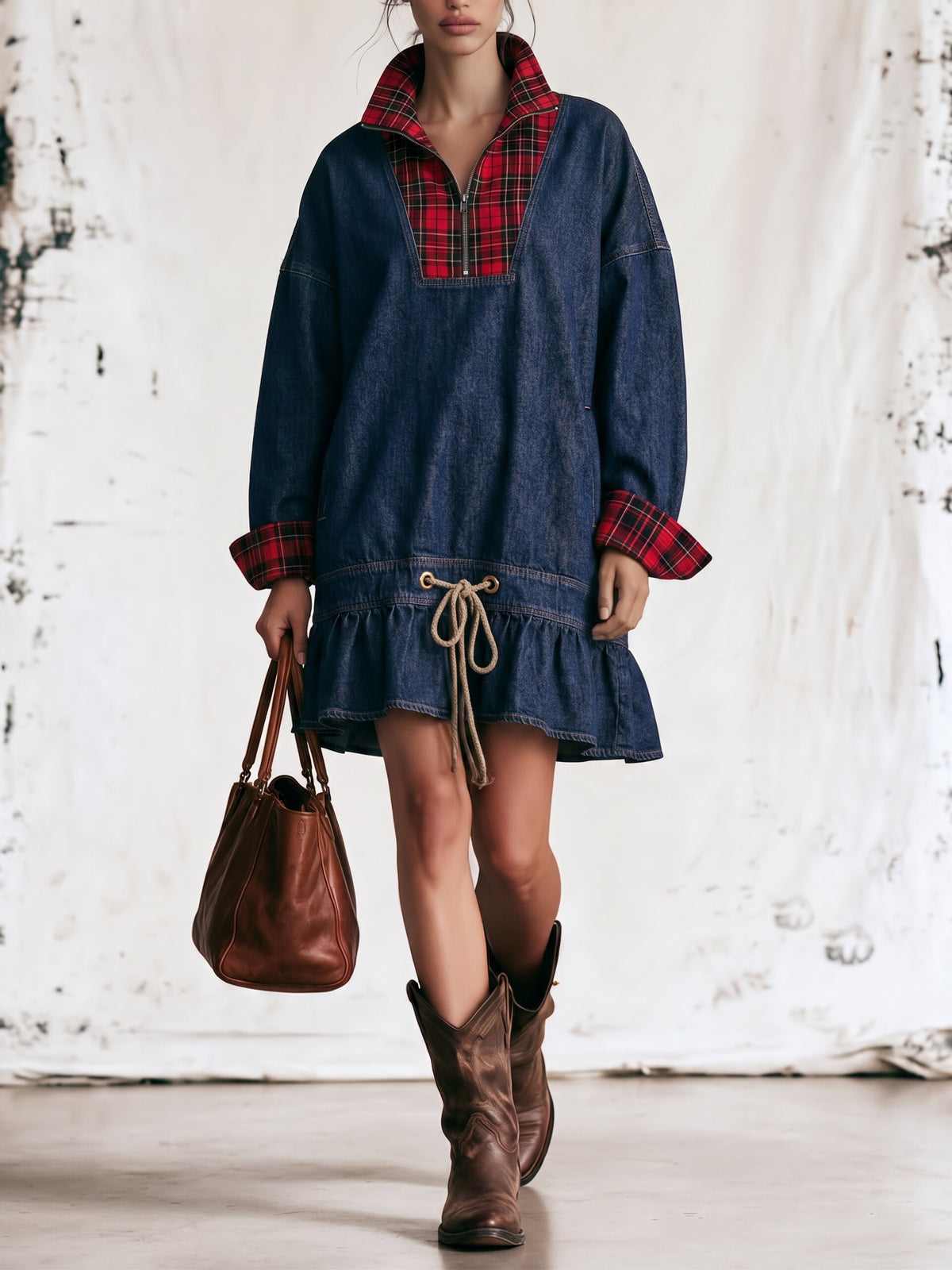 Chic Plaid-panel Denim Mini Dress