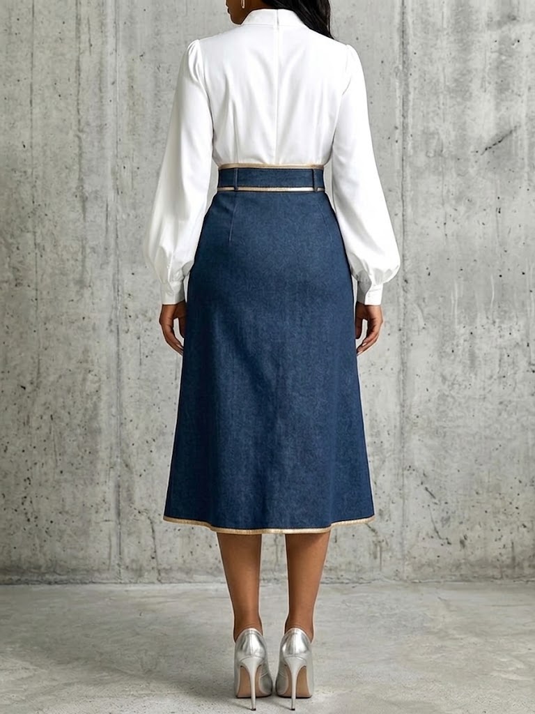 Chic And Refined Denim Midi Skirt With Gold Piping.