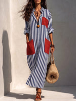 Chic Striped Linen Maxi Shirt Dress With Contrast Pockets
