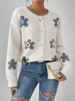 Stylish And Elegant Knit Cardigan With 3d Floral Appliqués.