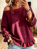 Casual Chic Plaid-paneled Off-shoulder Sweatshirt