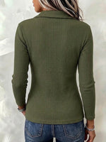 Lapel Diagonal Placket Twist Asymmetric Hem Ribbed Knit Long Sleeve Shirt