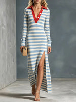 Casual Striped Knit Maxi Dress