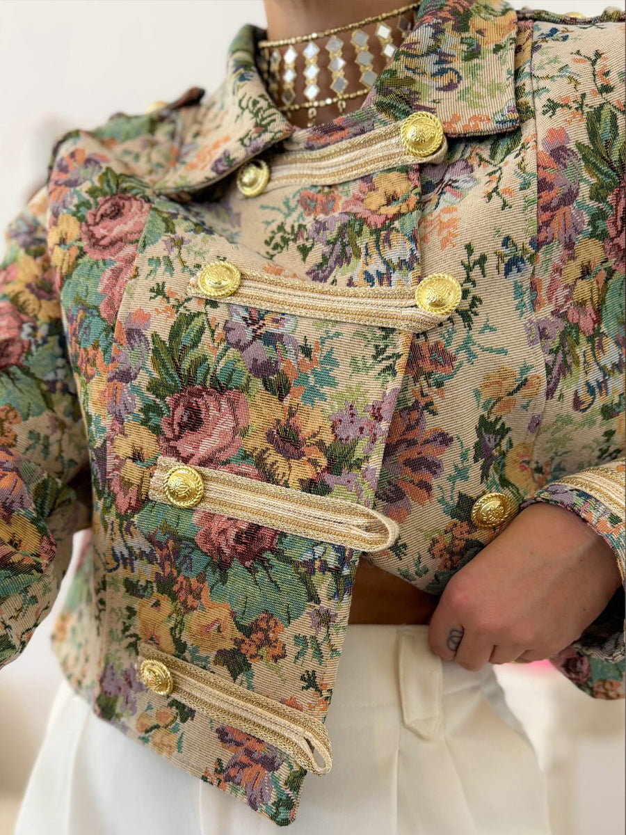 Cropped Military-style Jacket In Vintage-floral Brocade