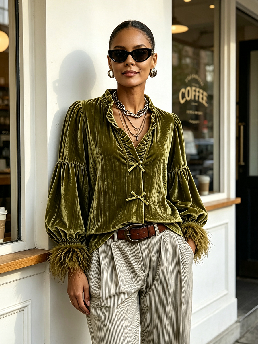 Chic Ruffle Collar Velvet Olive Blouse