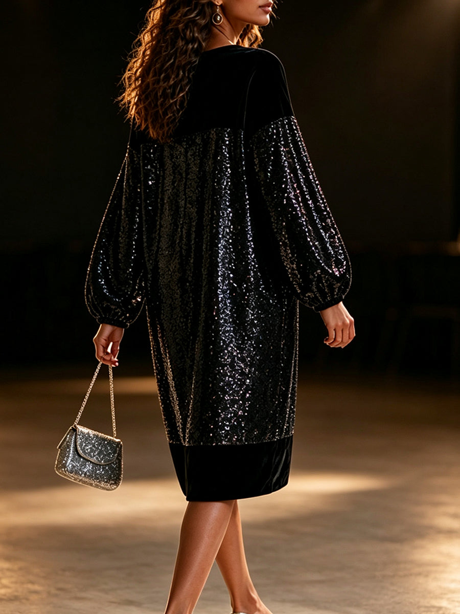 Elegant Sequin-paneled Velvet Midi Dress