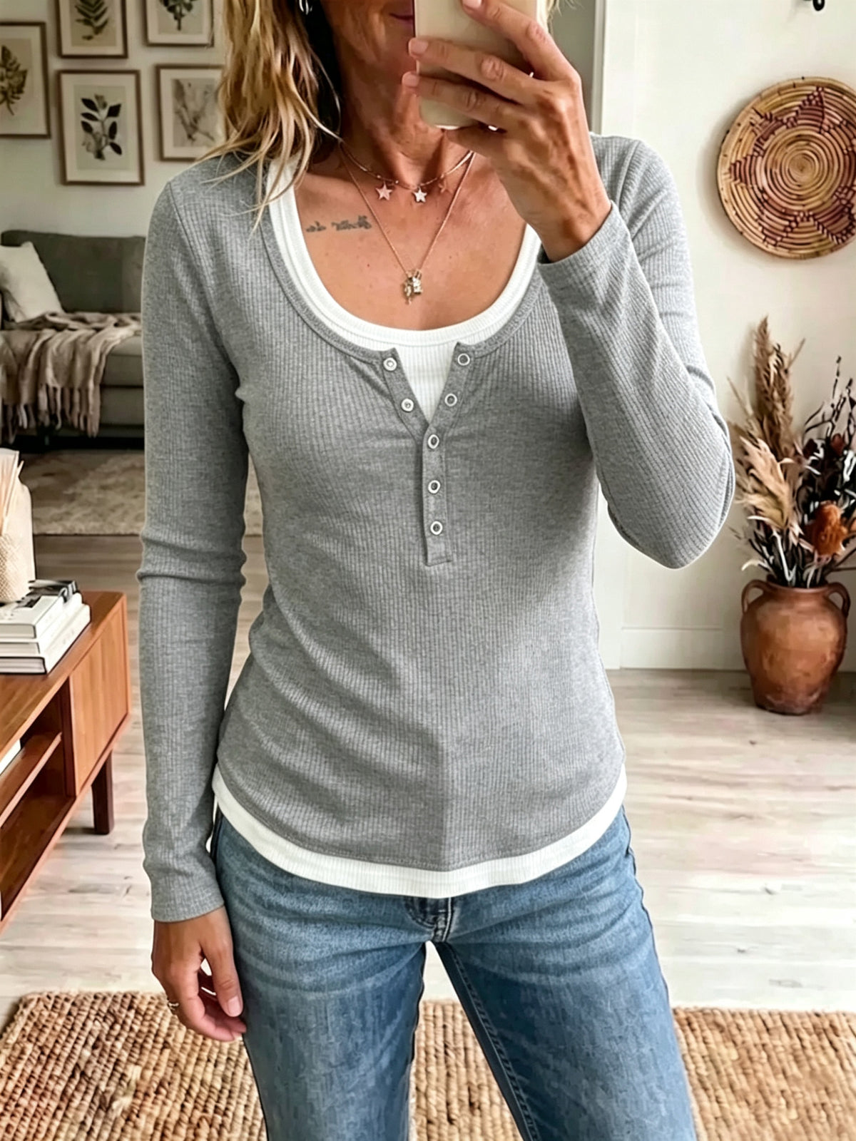 Chic Ribbed Knit Top Featuring A White Knit "faux-layered" Panel Design.