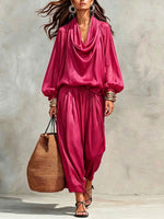 Relaxed-fit Cotton-blend Two-piece Set With A Draped Collar Top And Trousers