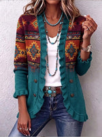 Southwestern Aztec Print Turquoise Ruffle Trim Knit Cardigan