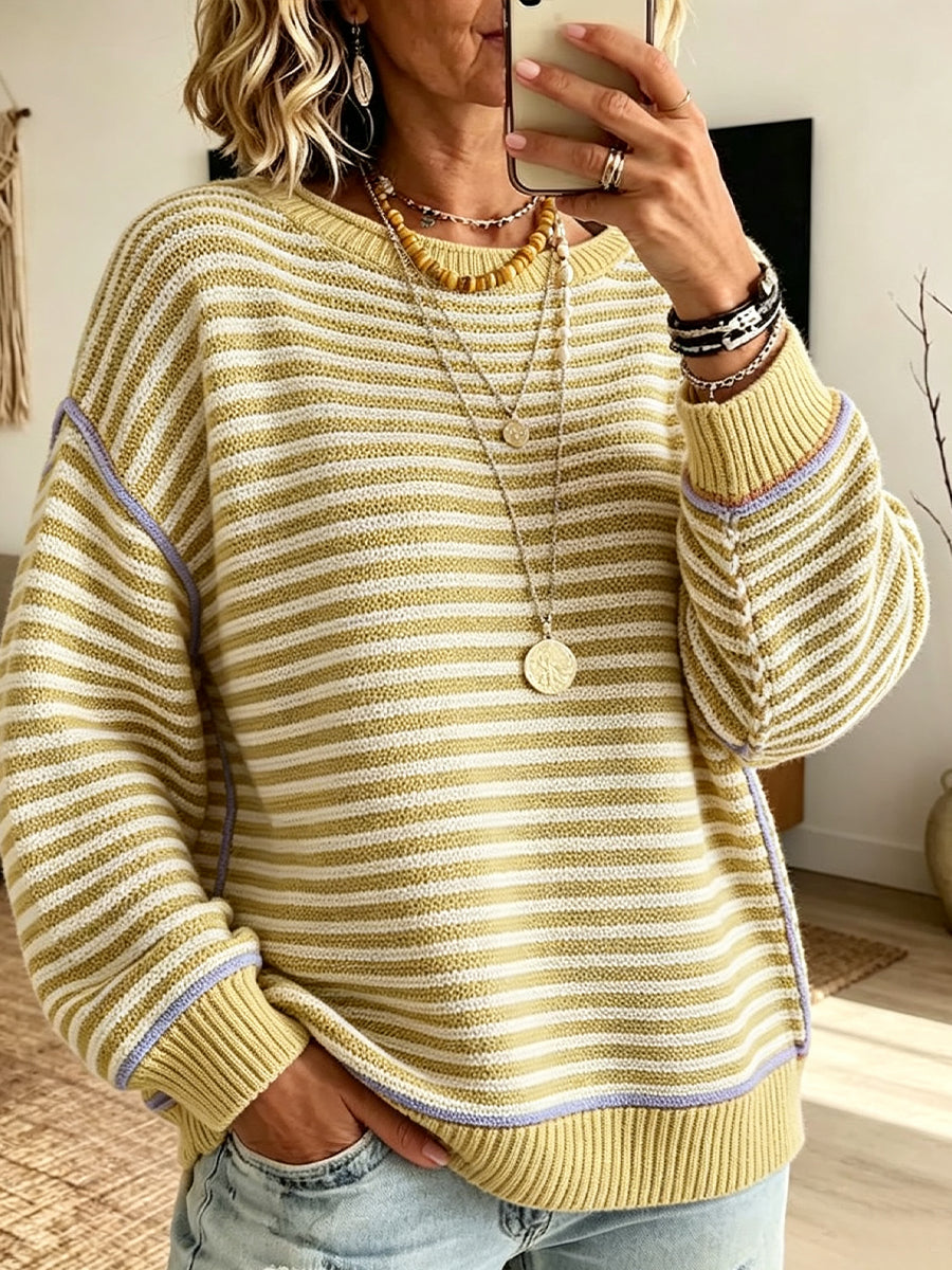 Casual, Loose-fitting, Long-length Color-block Striped Knit Top
