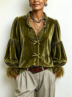 Chic Ruffle Collar Velvet Olive Blouse
