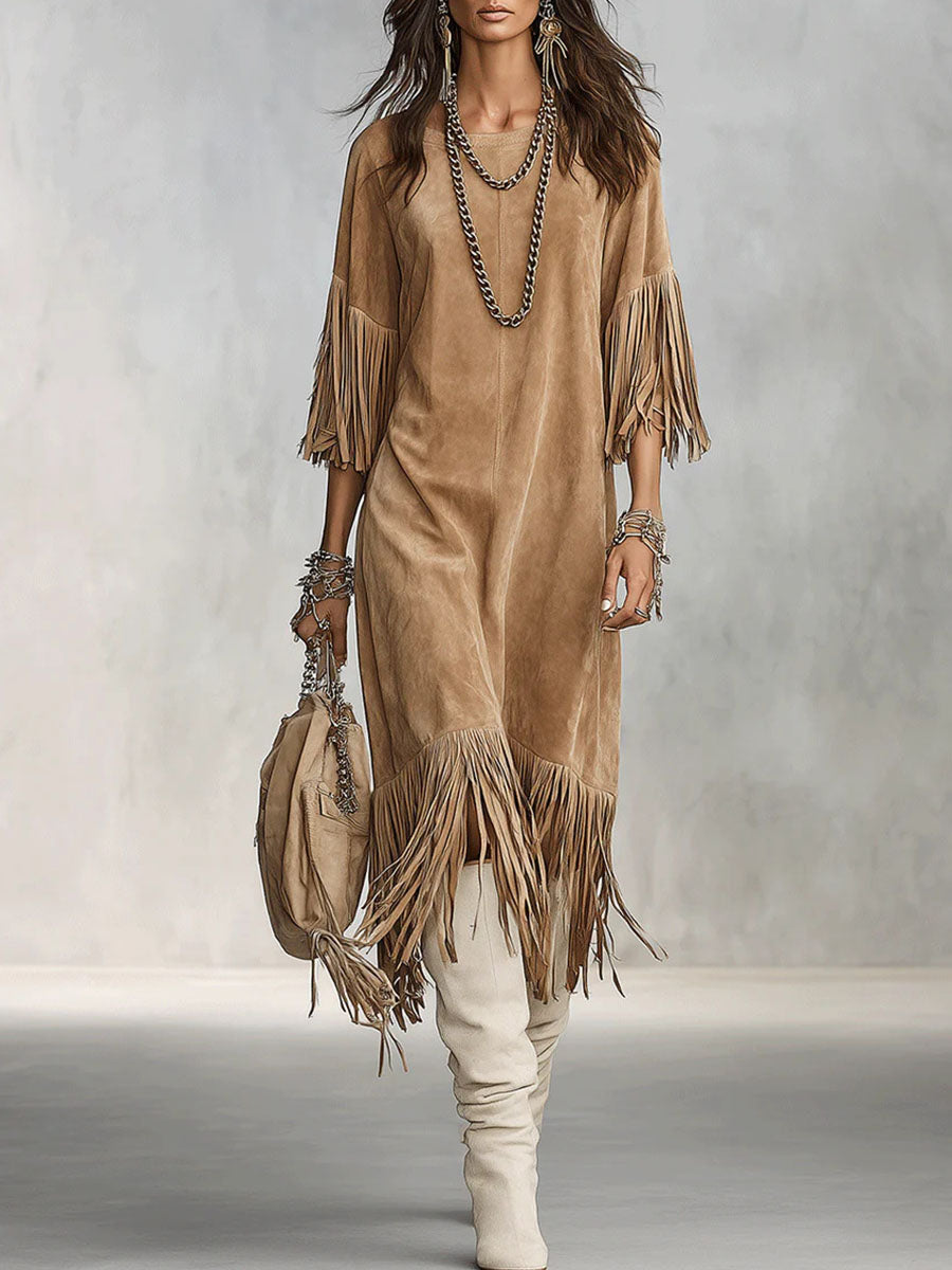 Women's Solid Color Crew Neck 3/4 Sleeve Faux Suede Casual Loose Tassel Dress