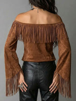 Women's Solid Color Off-shoulder Long-sleeve Loose Casual Tassel Top