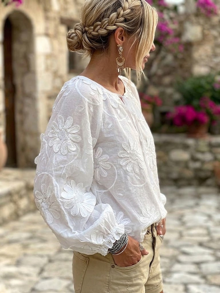 Exquisite And Elegant Cotton Shirt With 3d Embroidery