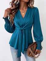 Elegant Solid-color Shirt With V-neck, Tie-waist, And Fitted Silhouette