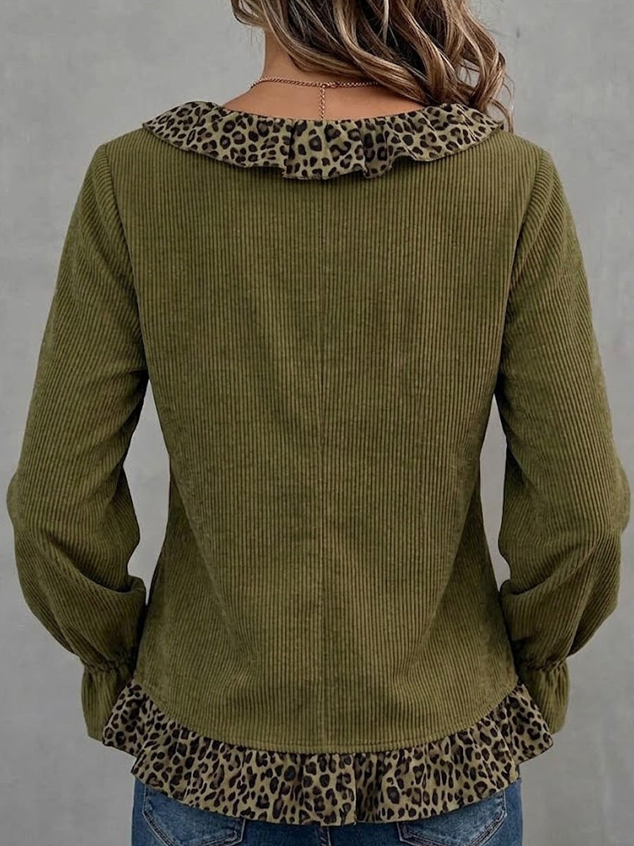 Leopard Ruffle Trim Corduroy Long Sleeve Blouse
