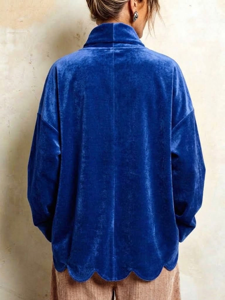 Velvet Jacket With A Wavy Hem And Diagonal Large Round Buttons