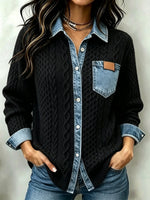 Casual Denim-Paneled Cable-Knit Shirt Jacket