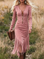 Chic Faux Suede Fringe Zip-Front Dress
