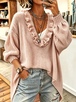 Elegant Ruffled Neckline High-low Curved Hem Pink Sweater