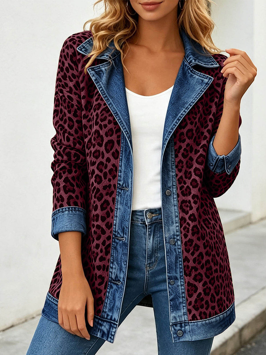 Chic Leopard Print and Denim Patchwork Jacket