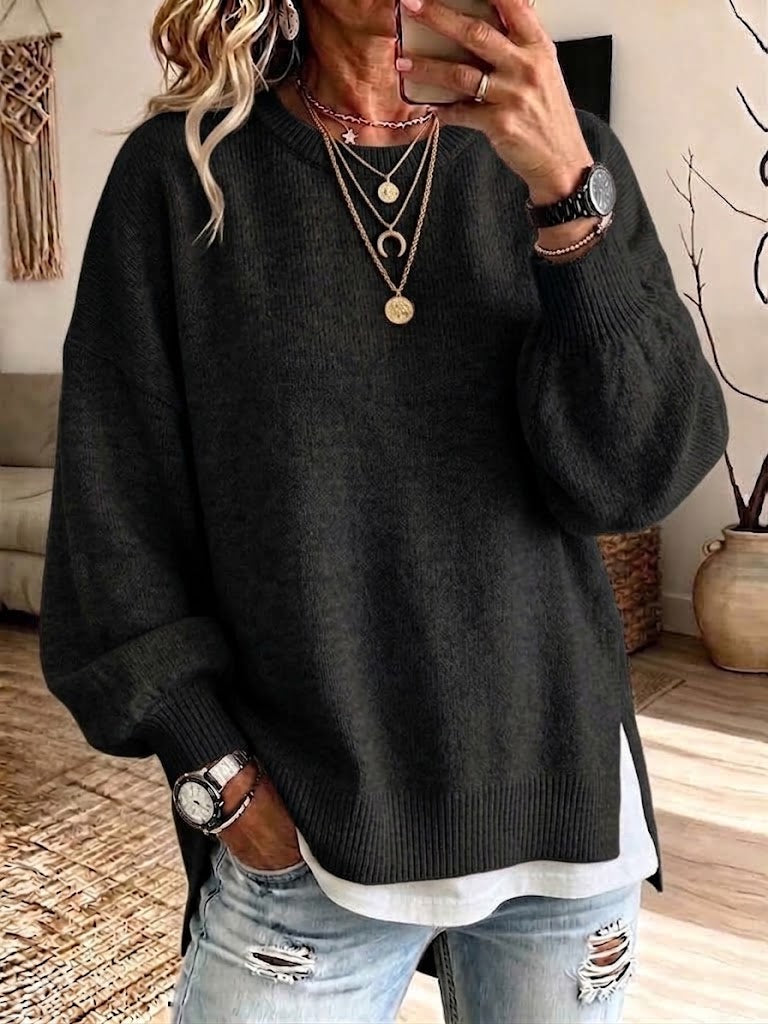 Loose-fit Knit Sweater With A Round Neck, Lantern Sleeves, And Side Slits