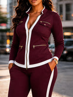 Casual Two-piece Set Featuring A Zip-up Knit Jacket And Pants With Color-block Trim.