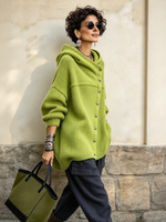Chic Oversized Ribbed Asymmetrical Button Hooded Sweater