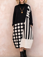Chic Black and White Geometric Colorblock Knit Midi Dress